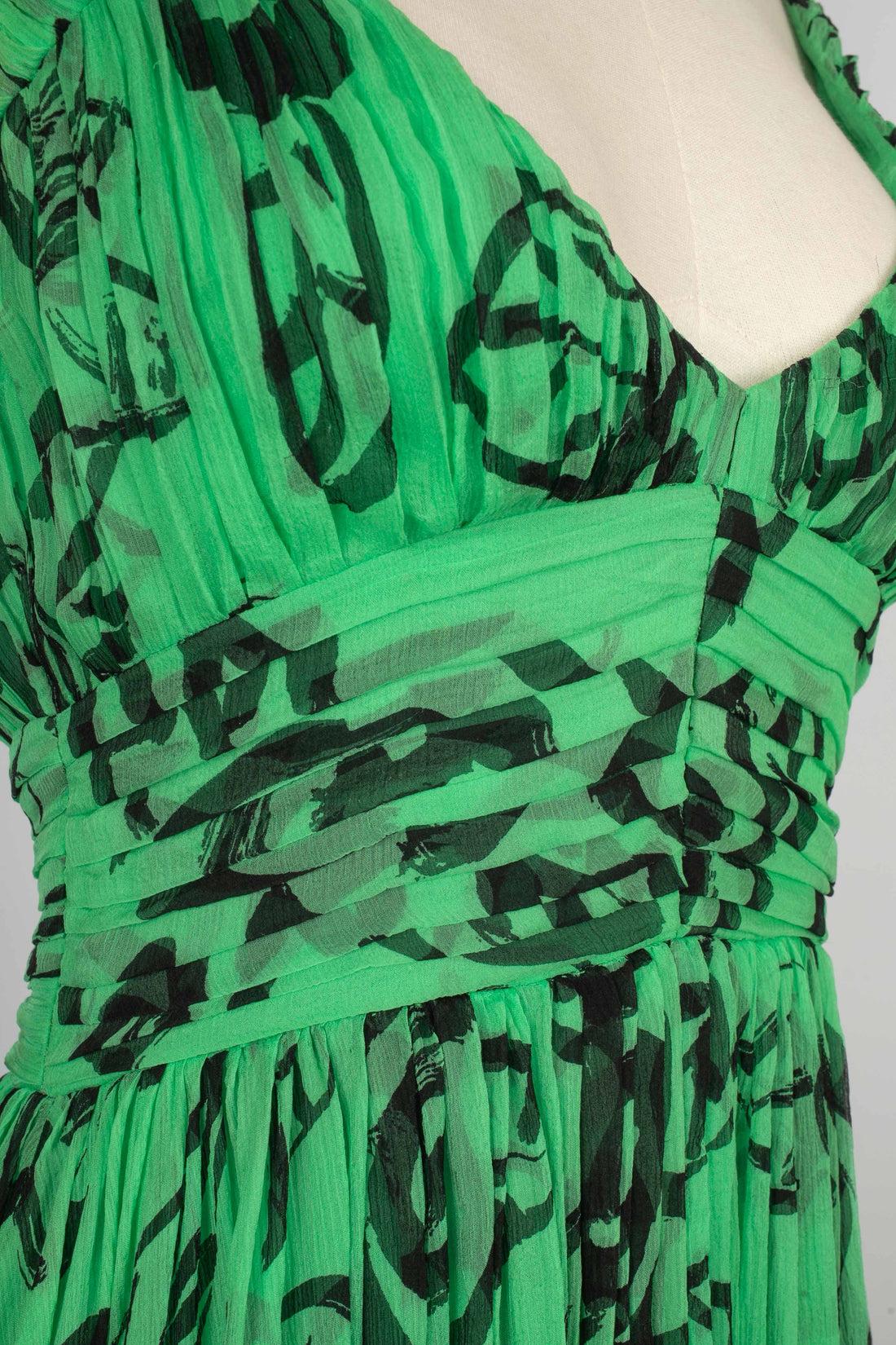 Women's Louis Feraud Long Black and Green Muslin Printed Dress For Sale