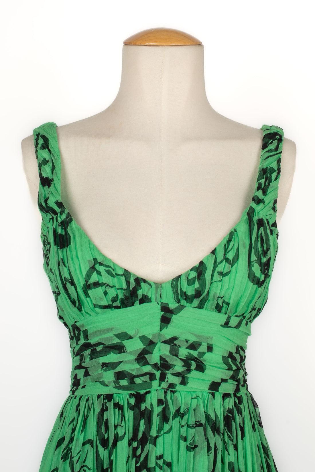 Louis Feraud Long Black and Green Muslin Printed Dress For Sale 1