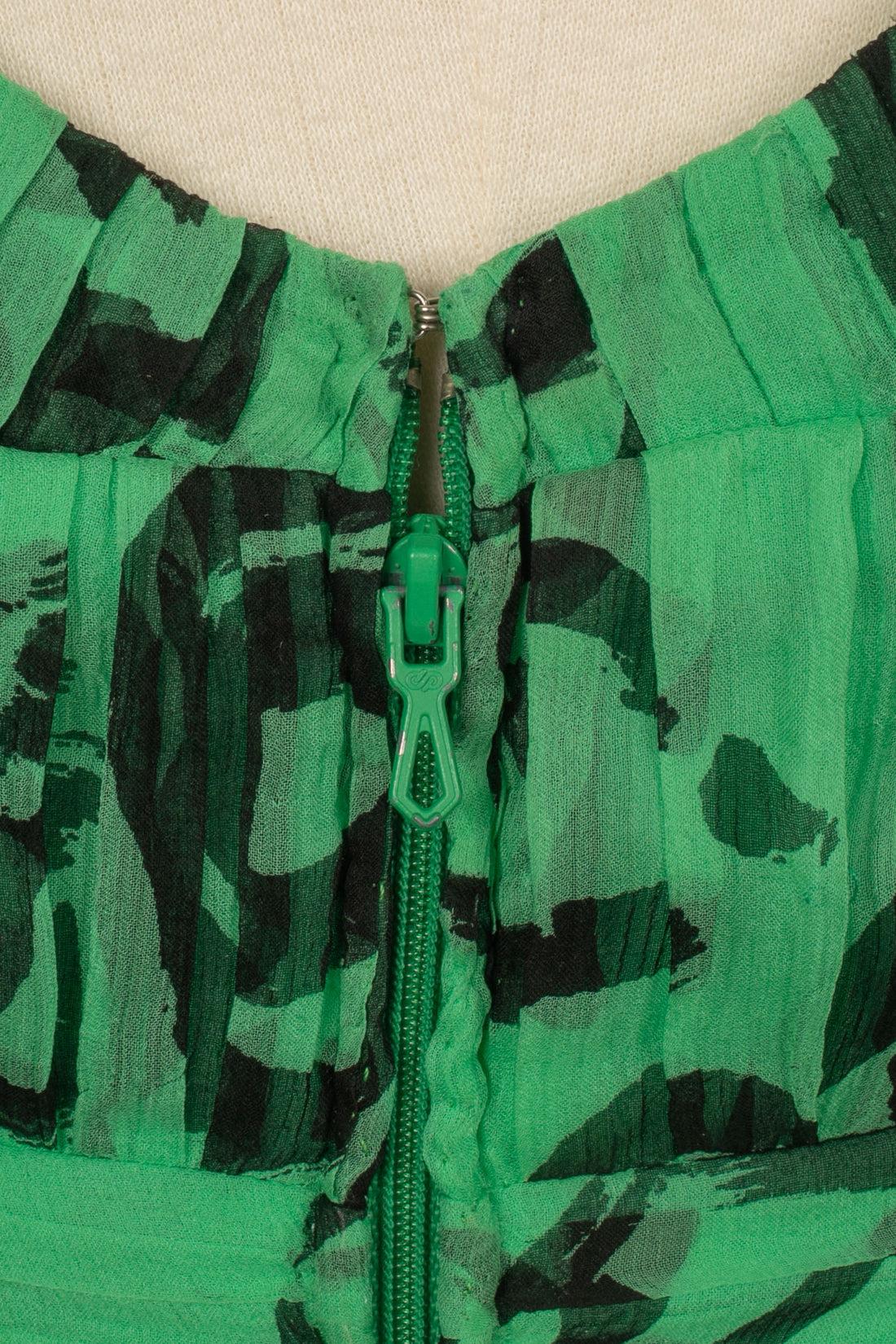 Louis Feraud Long Black and Green Muslin Printed Dress For Sale 2