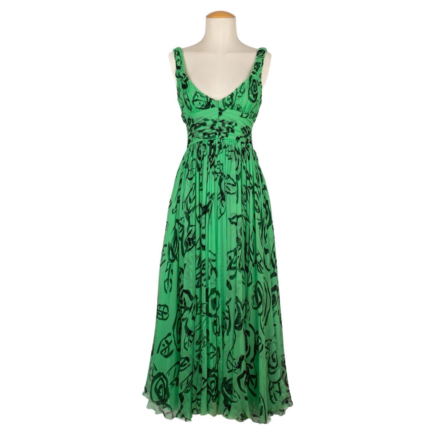 Louis Feraud Long Black and Green Muslin Printed Dress