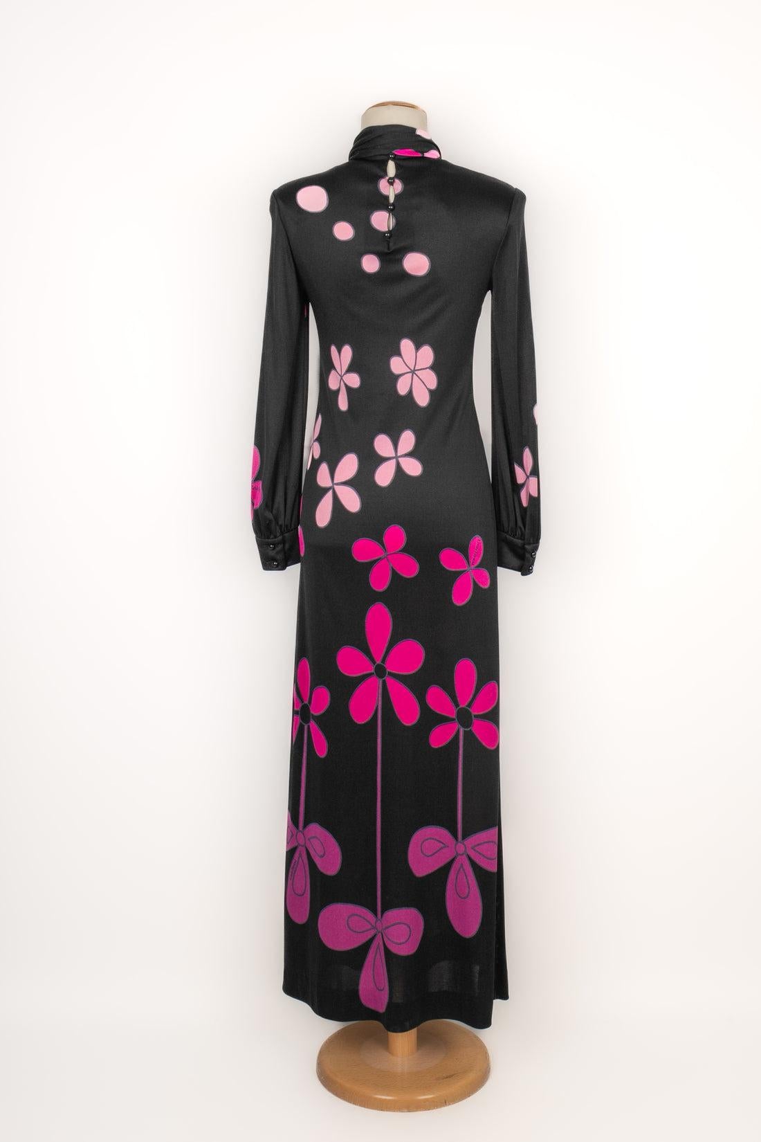 Women's Louis Feraud Long Black Dress with Pink Flowers For Sale