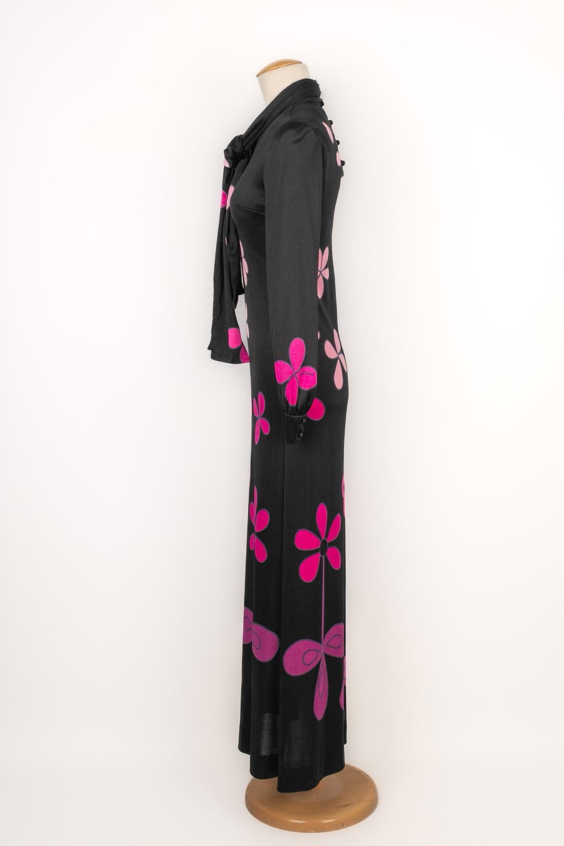 Louis Feraud Long Black Dress with Pink Flowers For Sale 1