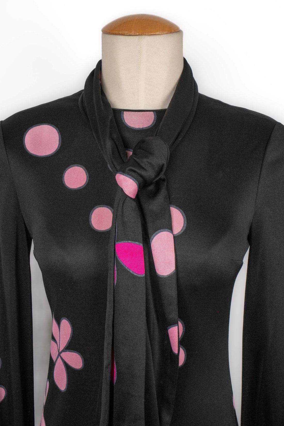 Louis Feraud Long Black Dress with Pink Flowers For Sale 2