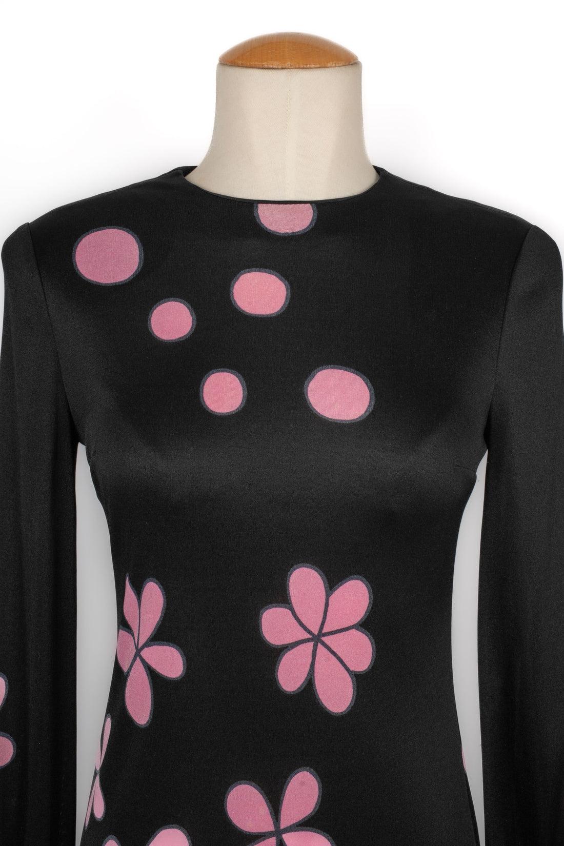 Louis Feraud Long Black Dress with Pink Flowers For Sale 3
