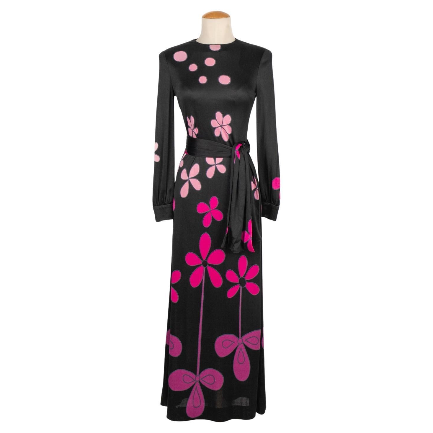 Louis Feraud Long Black Dress with Pink Flowers For Sale
