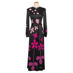 Vintage Louis Feraud Long Black Dress with Pink Flowers