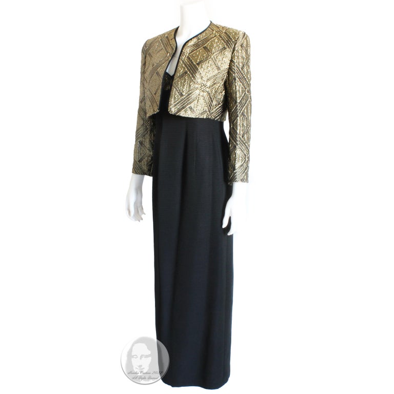 Louis Feraud Long Evening Gown and Jacket Gold Metallic Brocade 2pc Vintage 90s  For Sale 2