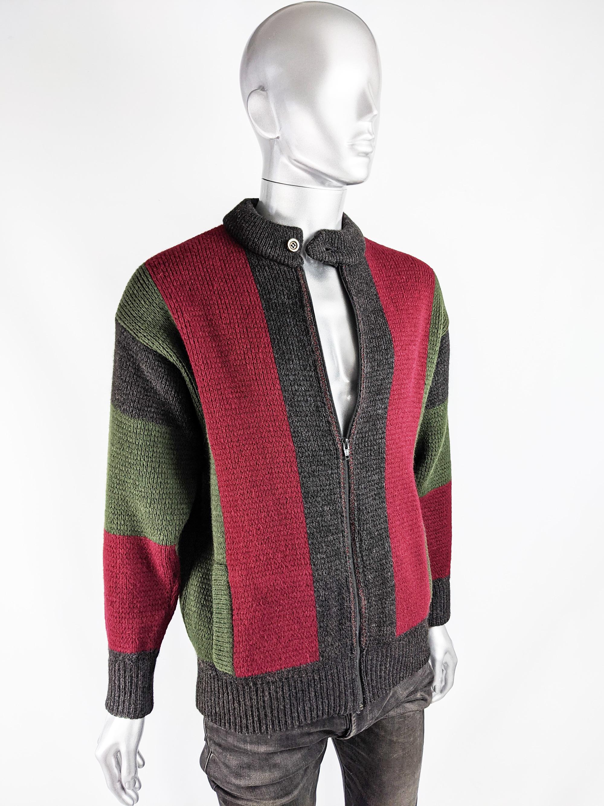 Brown Louis Feraud Mens Vintage Alpaca Wool Knit Cardigan Jacket