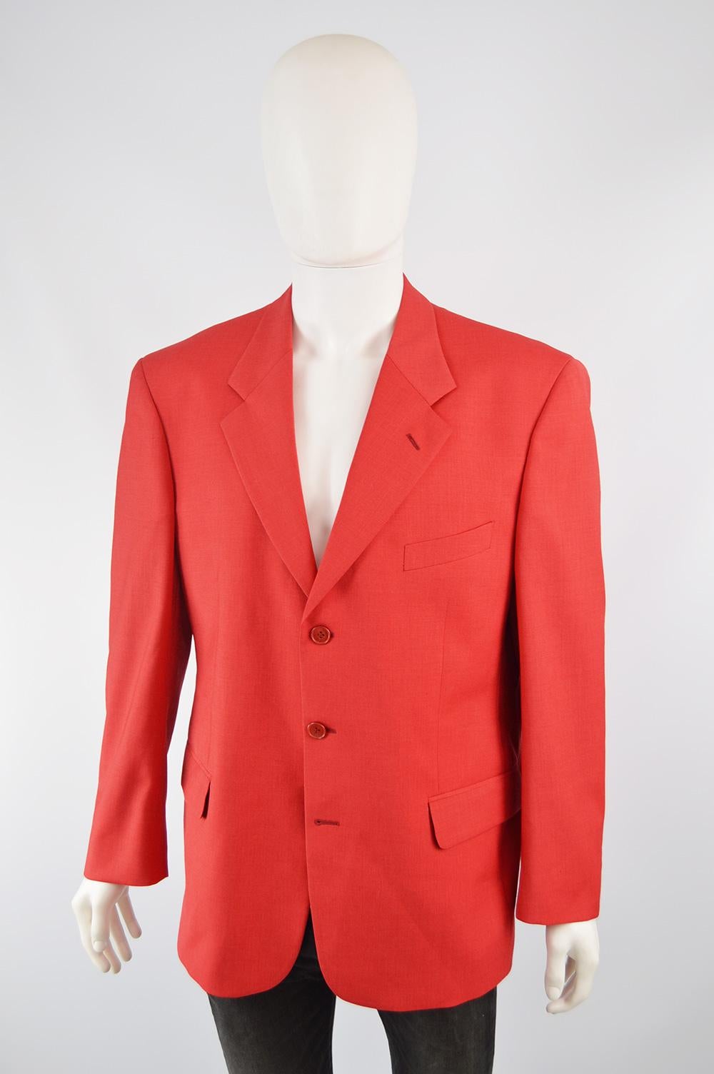 Louis Féraud Men's Vintage Bold Red Pure Virgin Worsted Wool Blazer, 1990s In Good Condition In Doncaster, South Yorkshire