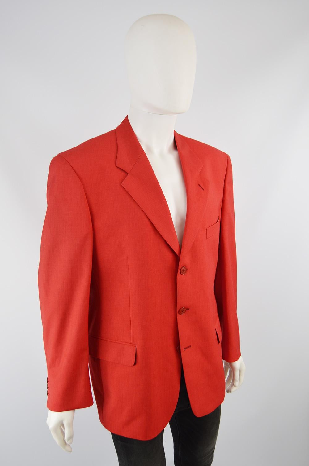 Louis Féraud Men's Vintage Bold Red Pure Virgin Worsted Wool Blazer, 1990s 2