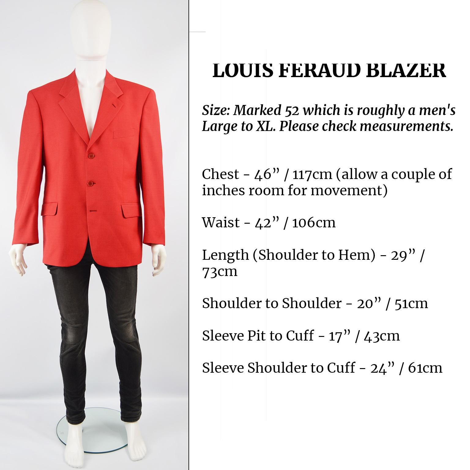 Louis Féraud Men's Vintage Bold Red Pure Virgin Worsted Wool Blazer, 1990s 5