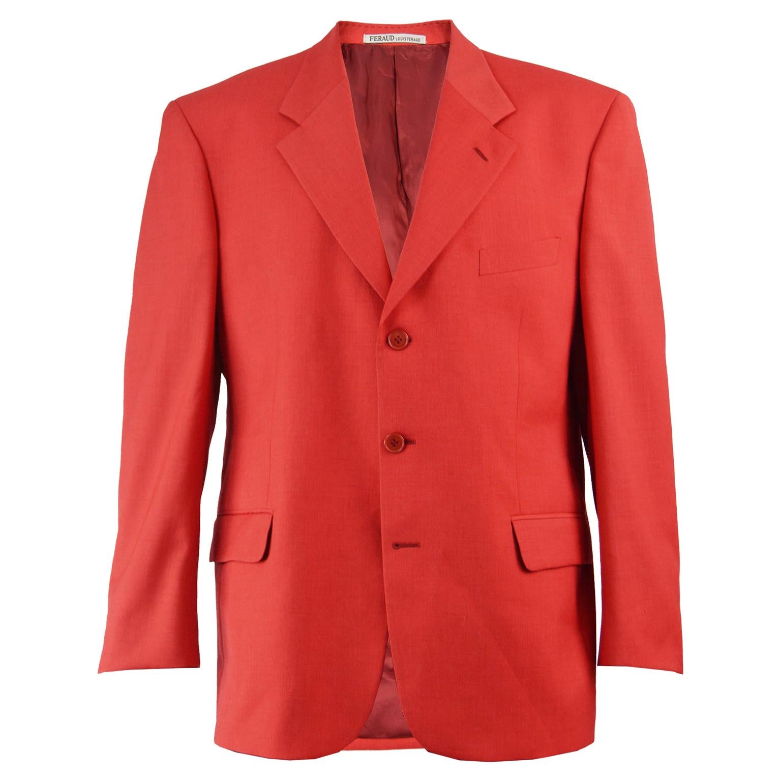 Louis Féraud Men's Vintage Bold Red Pure Virgin Worsted Wool Blazer, 1990s
