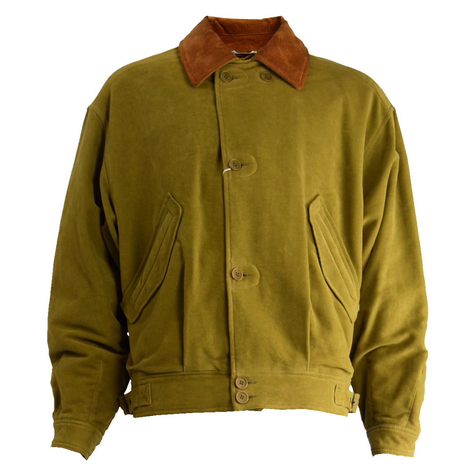 Louis Feraud Men's Vintage Olive Yellow Cotton Brown Suede Bomber Jacket, 1980s