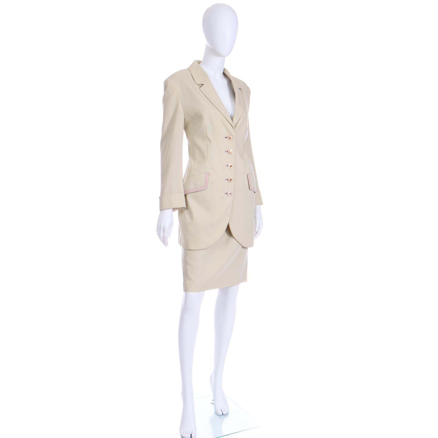 Beige Louis Feraud Minimalist Neutral Vintage Skirt & Long Jacket Suit