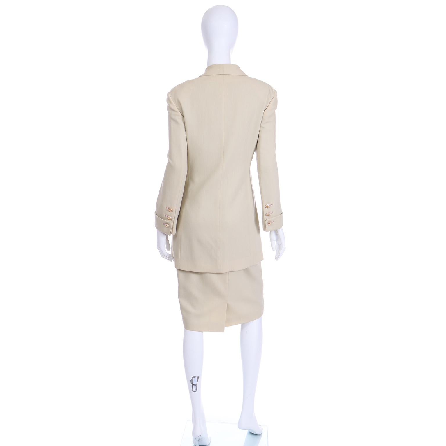 Louis Feraud Minimalist Neutral Vintage Skirt & Long Jacket Suit In Excellent Condition In Portland, OR