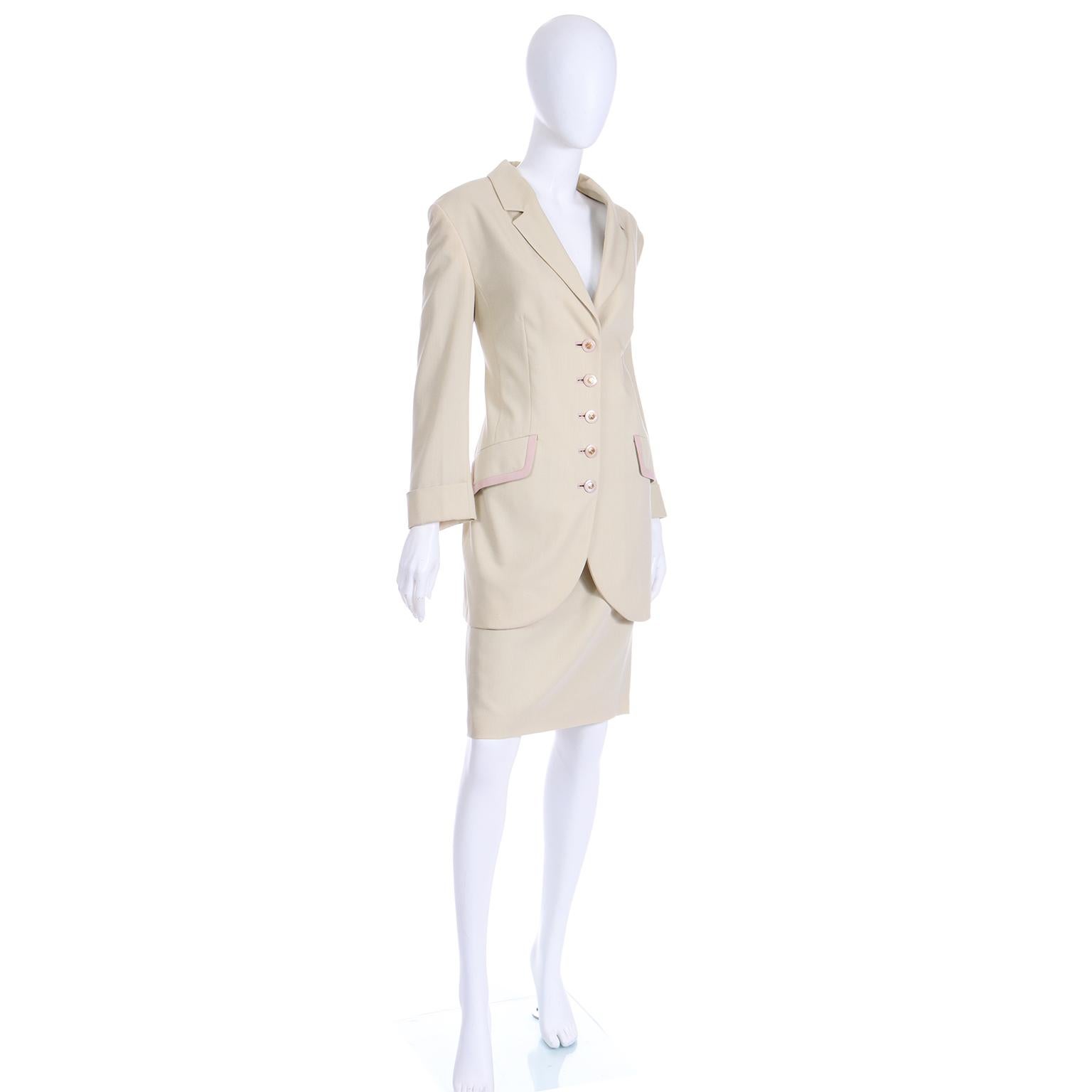Women's Louis Feraud Minimalist Neutral Vintage Skirt & Long Jacket Suit