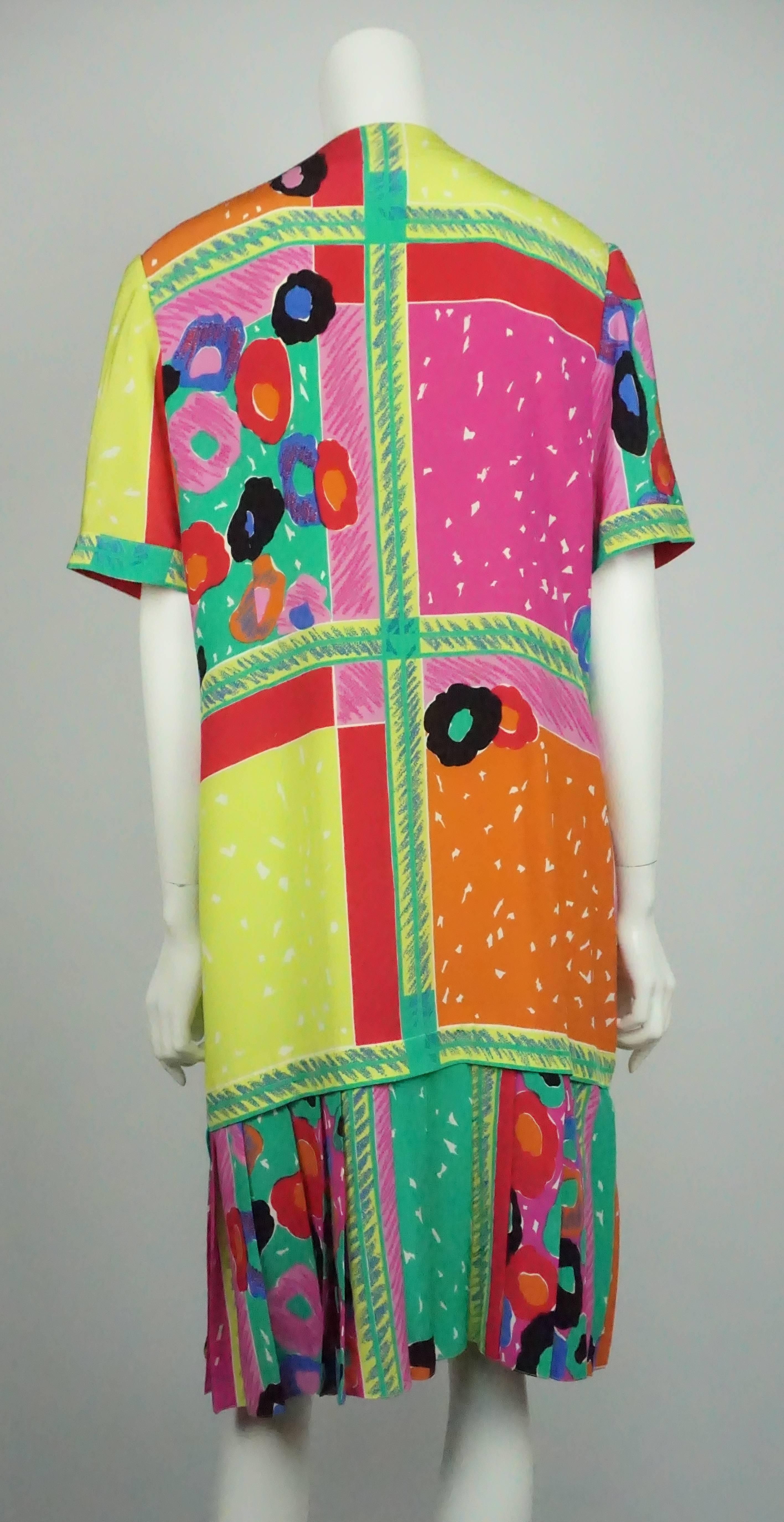 Beige Louis Feraud Multi Silk Print Shift Dress  For Sale