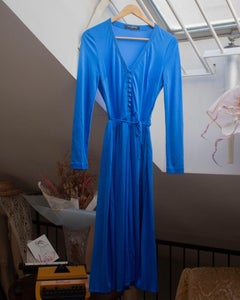 Louis Féraud Paris 1970's Klein blue jersey deep V neck midi flare dress