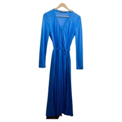 Louis Féraud Paris 1970's Klein blue jersey deep V neck midi flare dress 