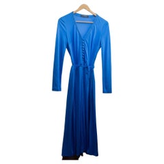 Retro Louis Féraud Paris 1970's Klein blue jersey deep V neck midi flare dress 