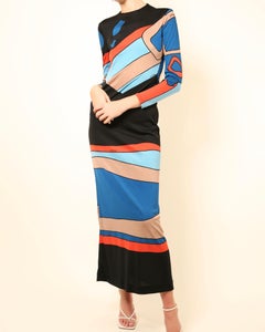 Louis Feraud Paris vintage black blue red abstract print jersey midi maxi dress