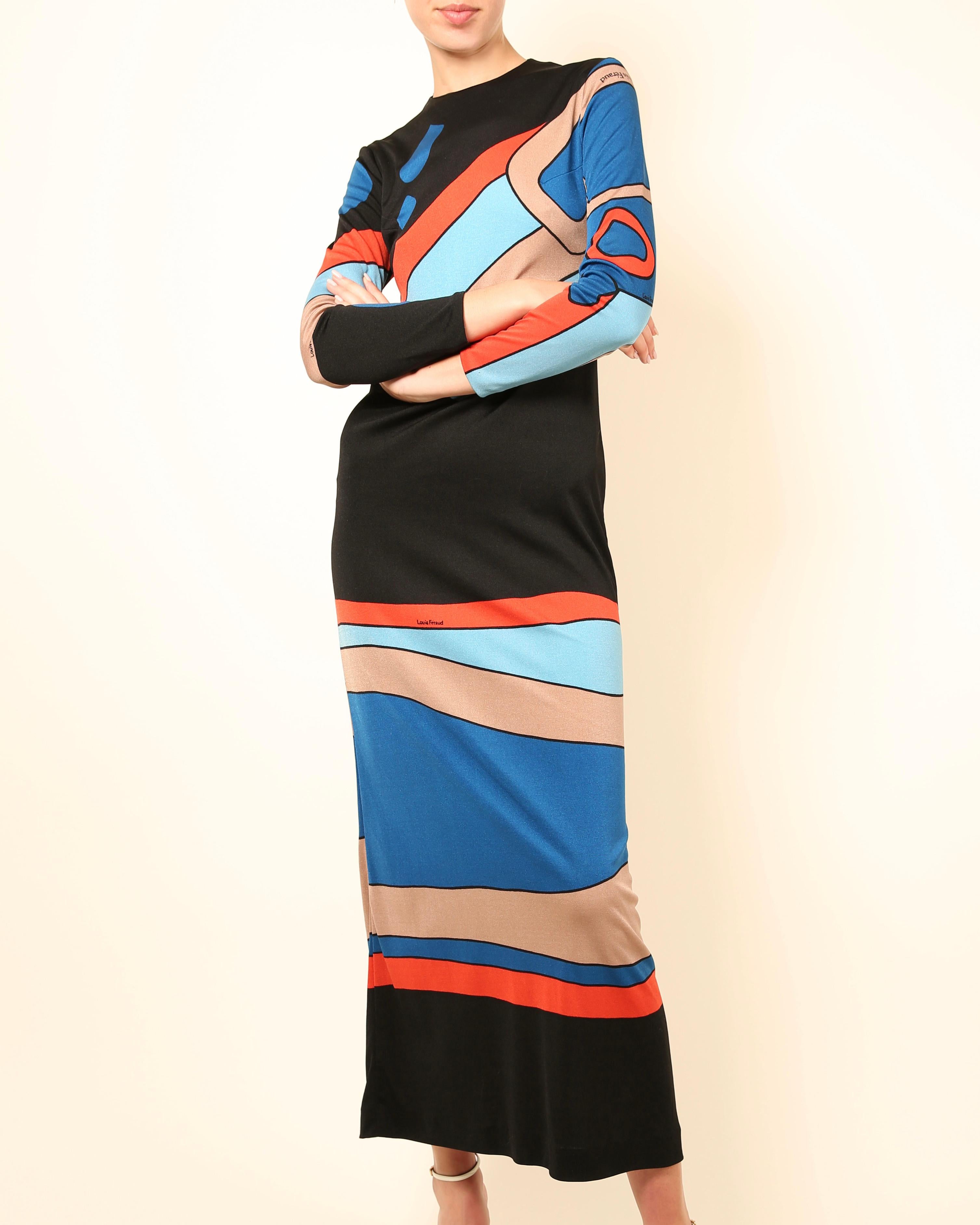 Women's Louis Feraud Paris vintage black blue red abstract print jersey midi maxi dress For Sale