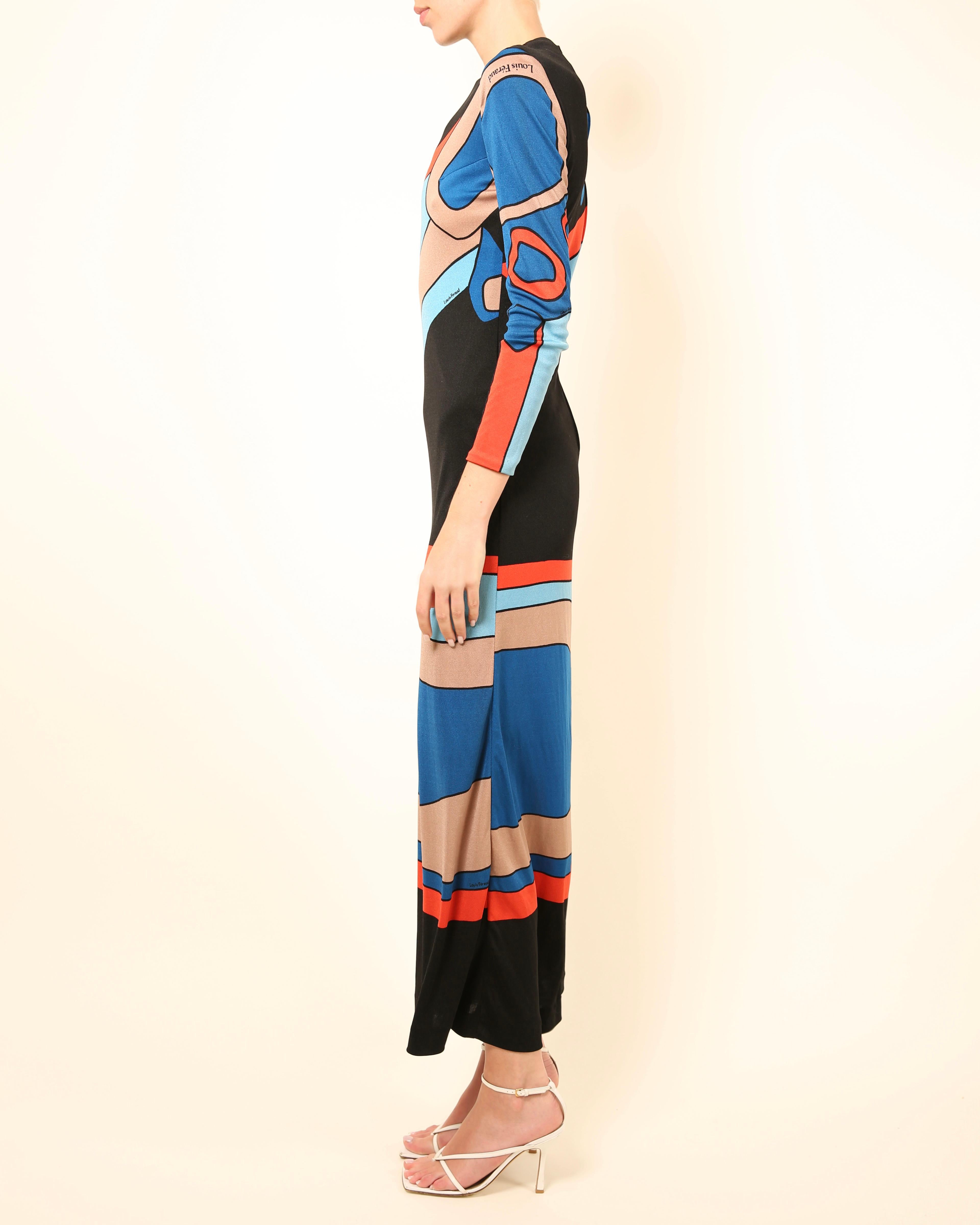 Women's Louis Feraud Paris vintage black blue red abstract print jersey midi maxi dress For Sale