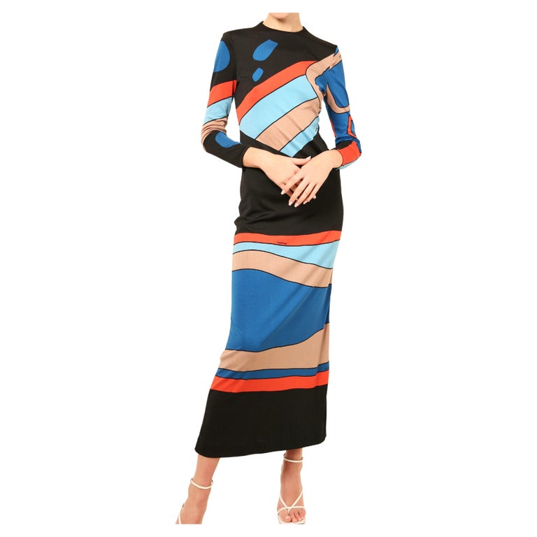 Louis Feraud Paris Vintage Black Blue Red Abstract Print Jersey Midi Maxi Dress