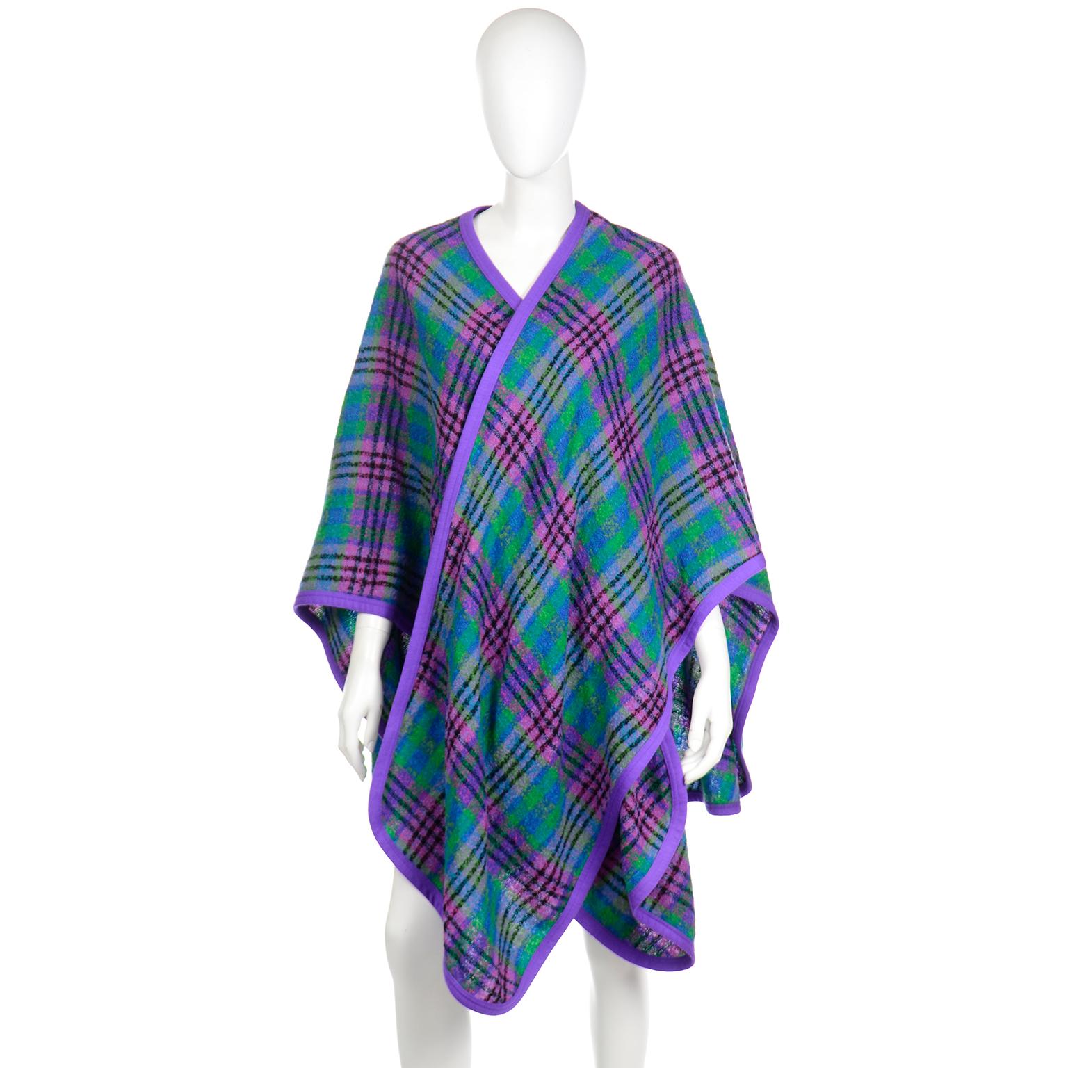 Louis Feraud Purple Blue and Green Plaid Wool Cape Wrap In Excellent Condition In Portland, OR