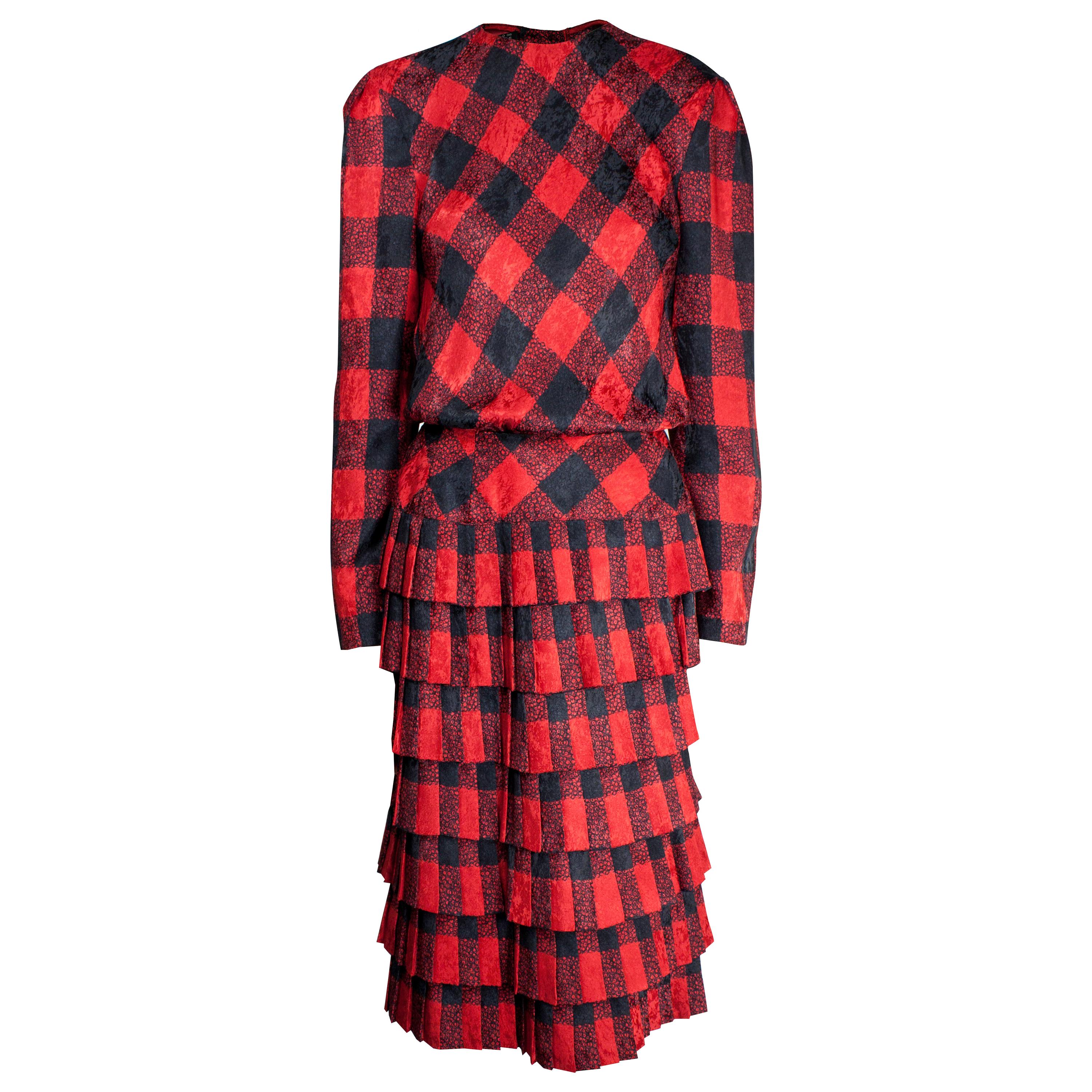 Louis Feraud red and tartan moiré evening dress, Circa 1980 For Sale