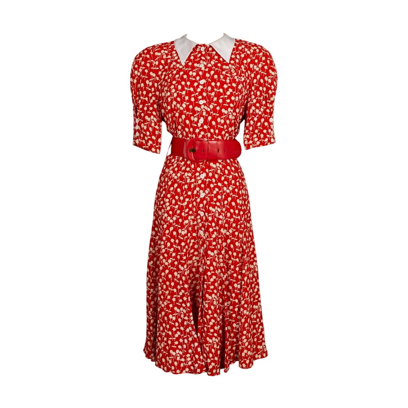 Louis Féraud Rotes Kleid mit rotem Ledergürtel, Größe 38FR im Angebot
