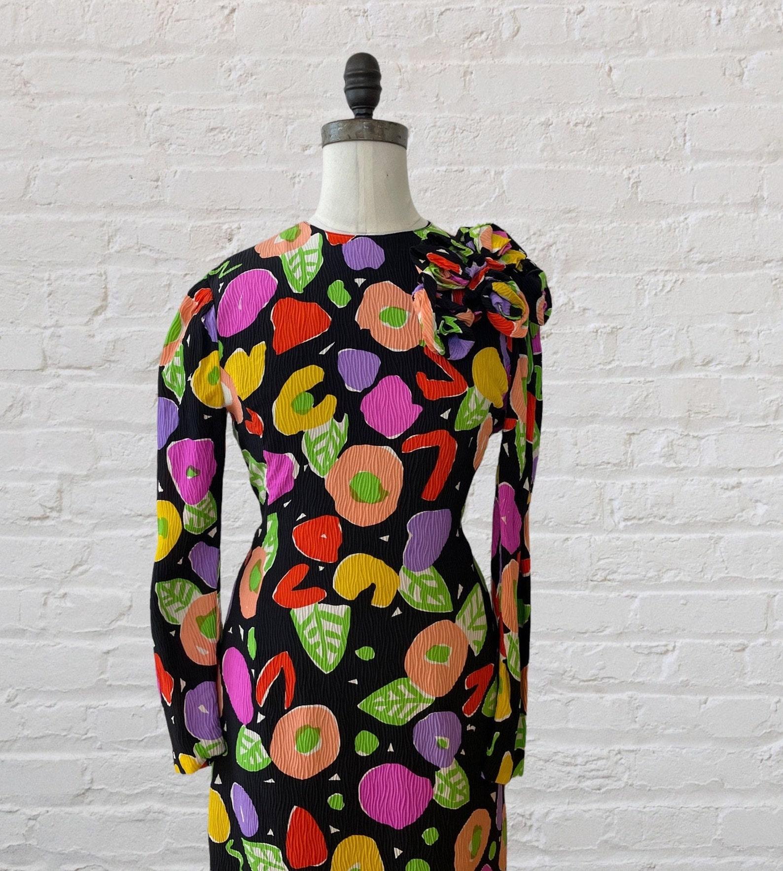 Black Louis Féraud Silk Colorful Print Dress, Circa 1988 For Sale