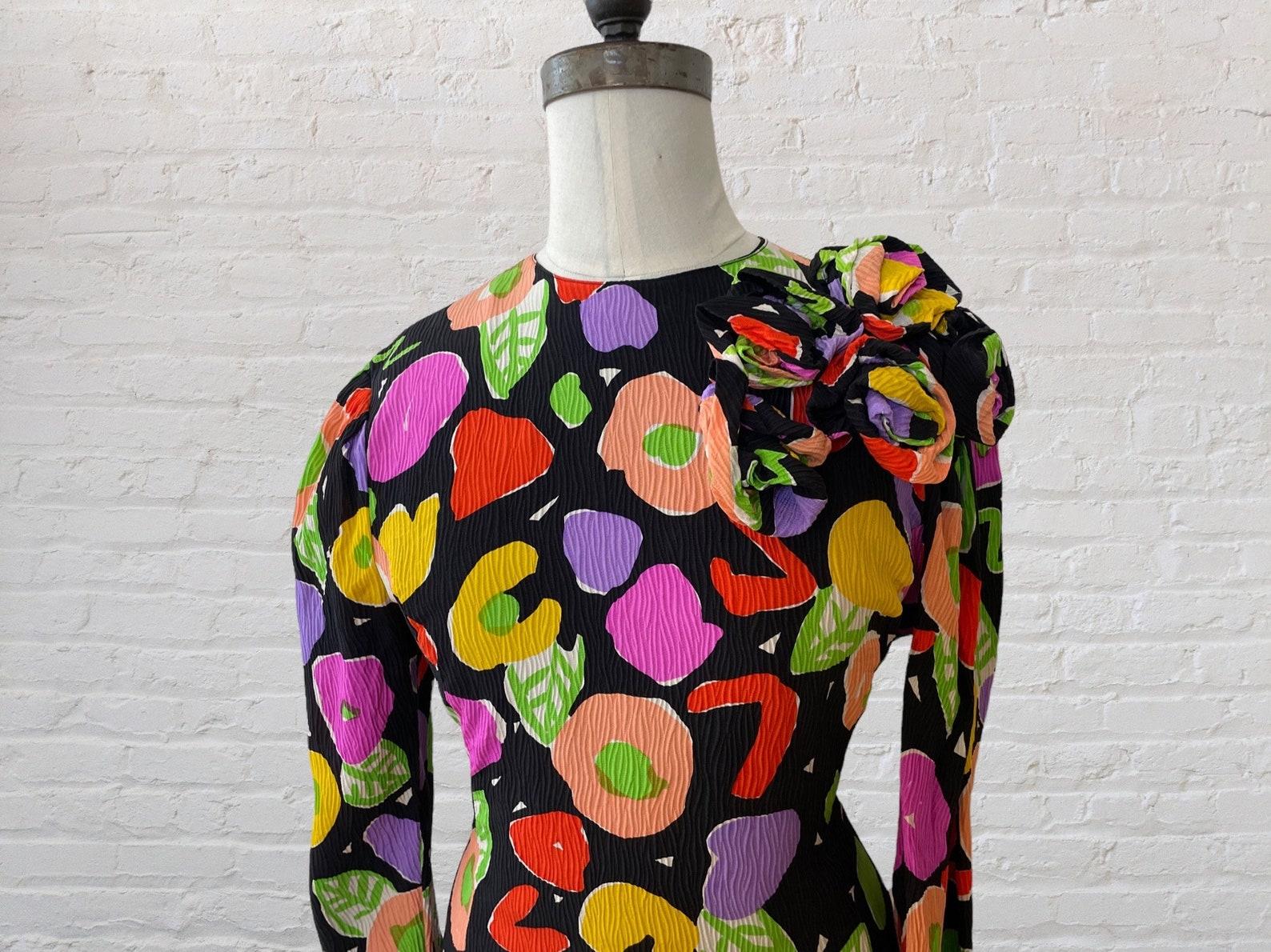 Louis Féraud silk colorful print dress circa 1988 For Sale 3