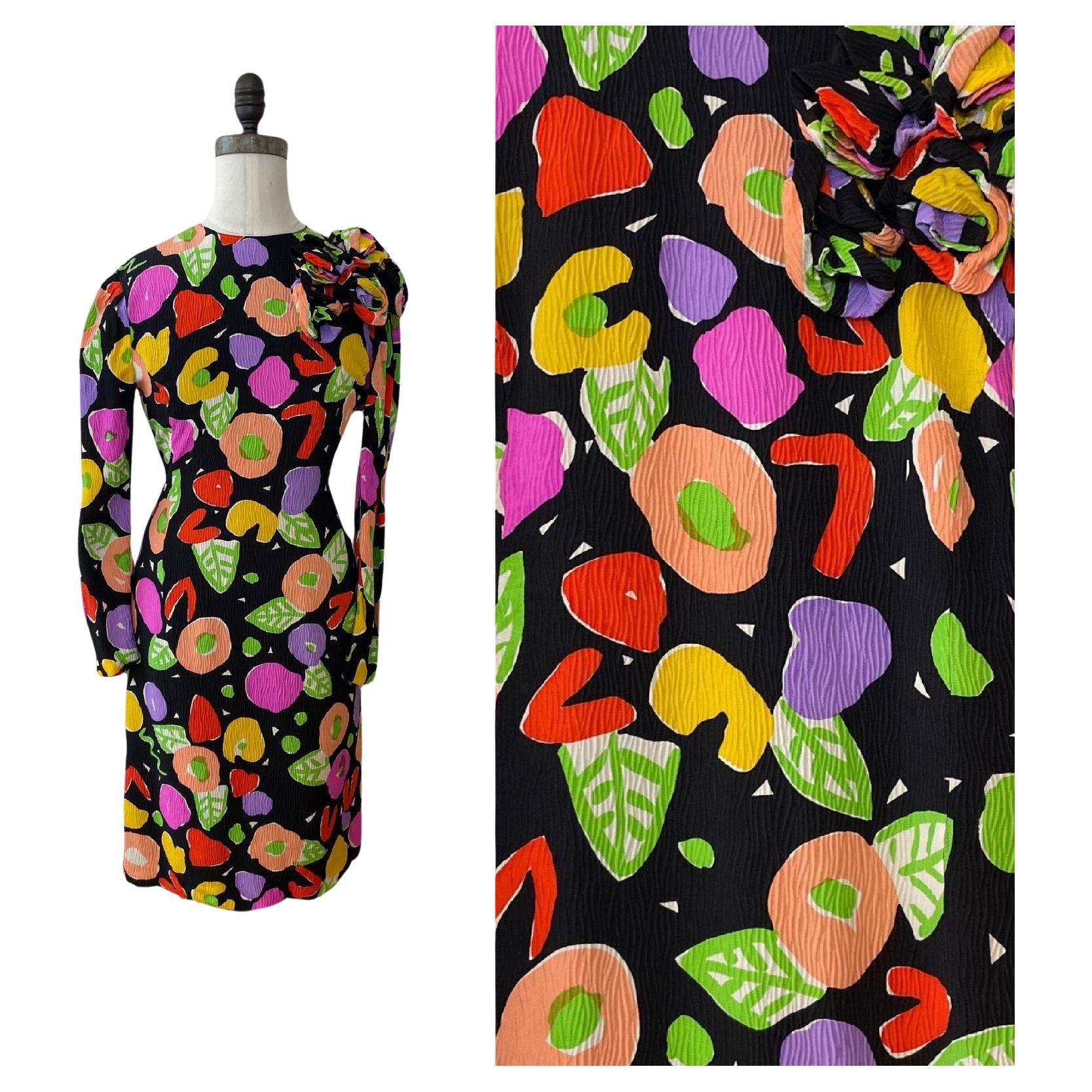 Louis Féraud Silk Colorful Print Dress, Circa 1988 For Sale 4