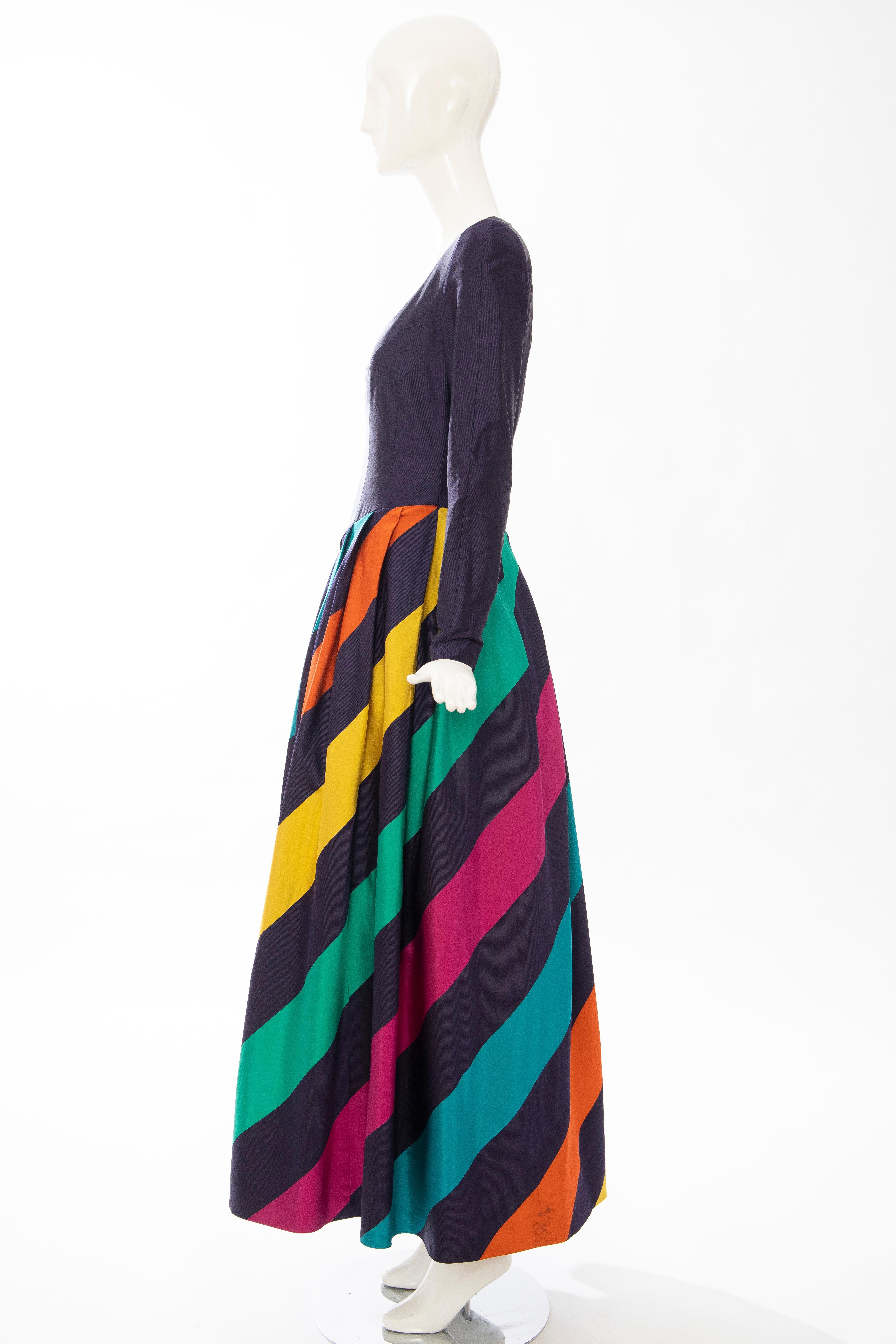 Louis Feraud Silk Faille Eggplant Polychrome Striped Evening Dress, Ca. 1980's For Sale 6