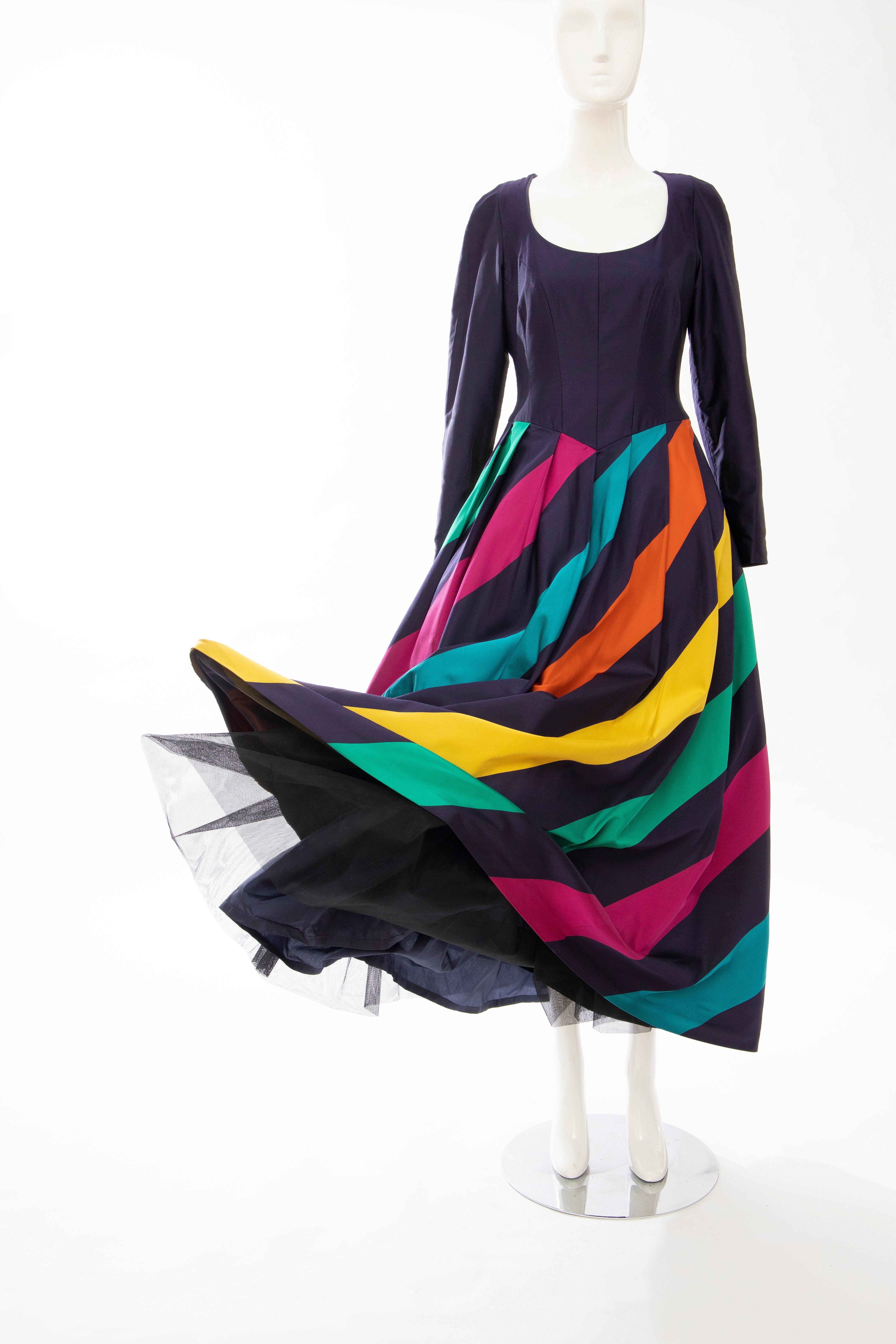 Louis Feraud Silk Faille Eggplant Polychrome Striped Evening Dress, Ca. 1980's For Sale 10