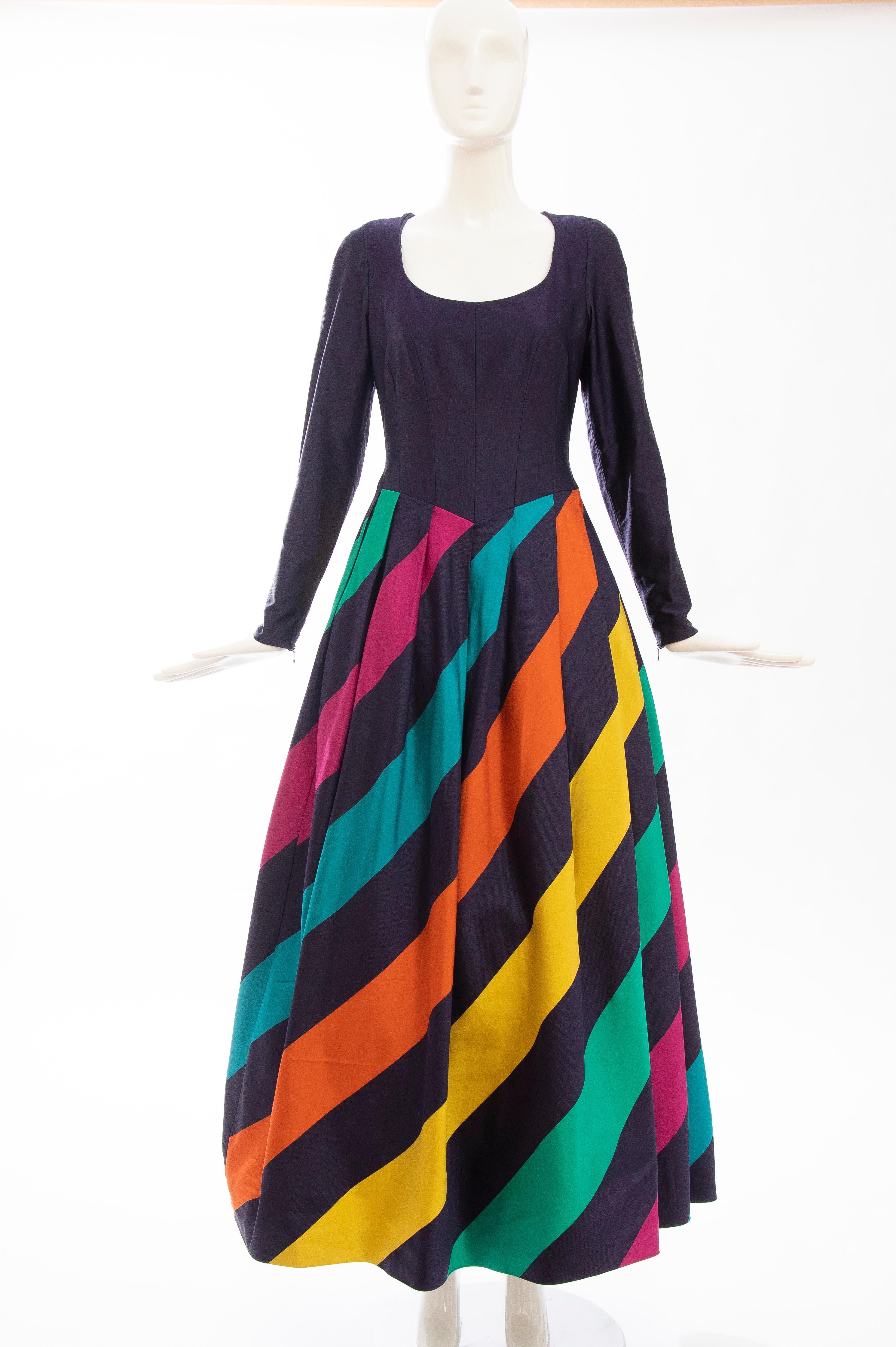 Black Louis Feraud Silk Faille Eggplant Polychrome Striped Evening Dress, Ca. 1980's For Sale