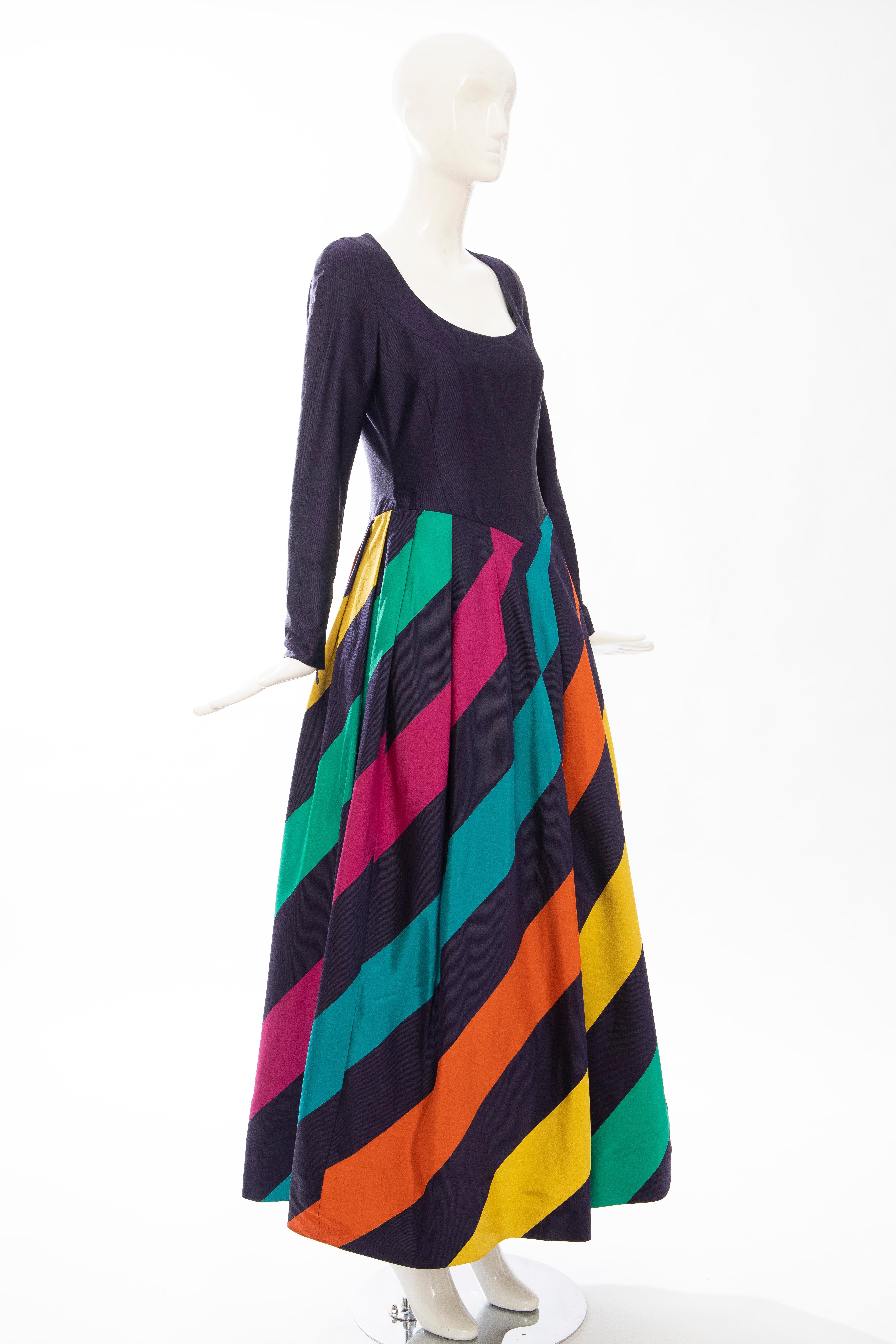 Louis Feraud Silk Faille Eggplant Polychrome Striped Evening Dress, Ca. 1980's In Good Condition For Sale In Cincinnati, OH