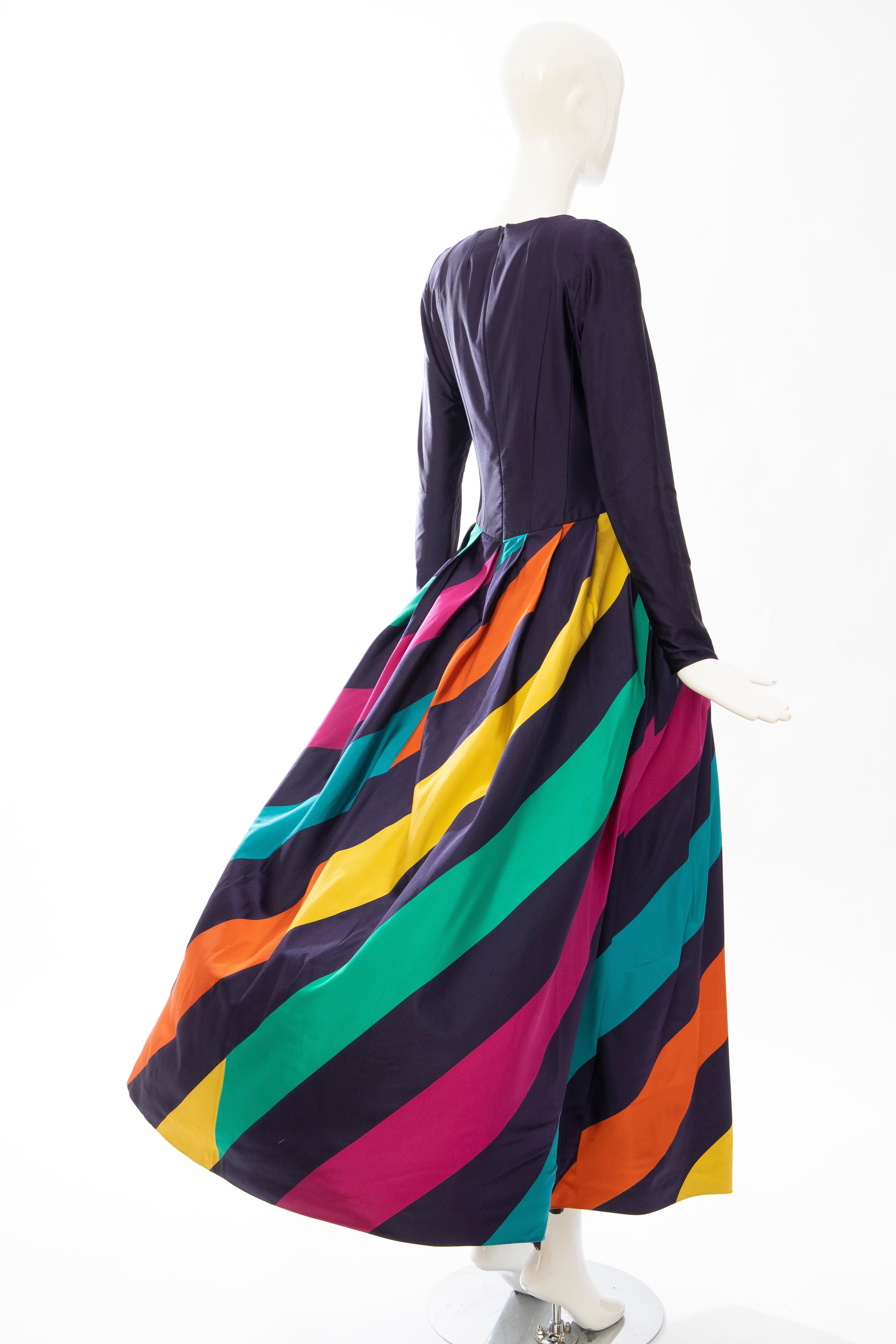 Louis Feraud Silk Faille Eggplant Polychrome Striped Evening Dress, Ca. 1980's For Sale 2