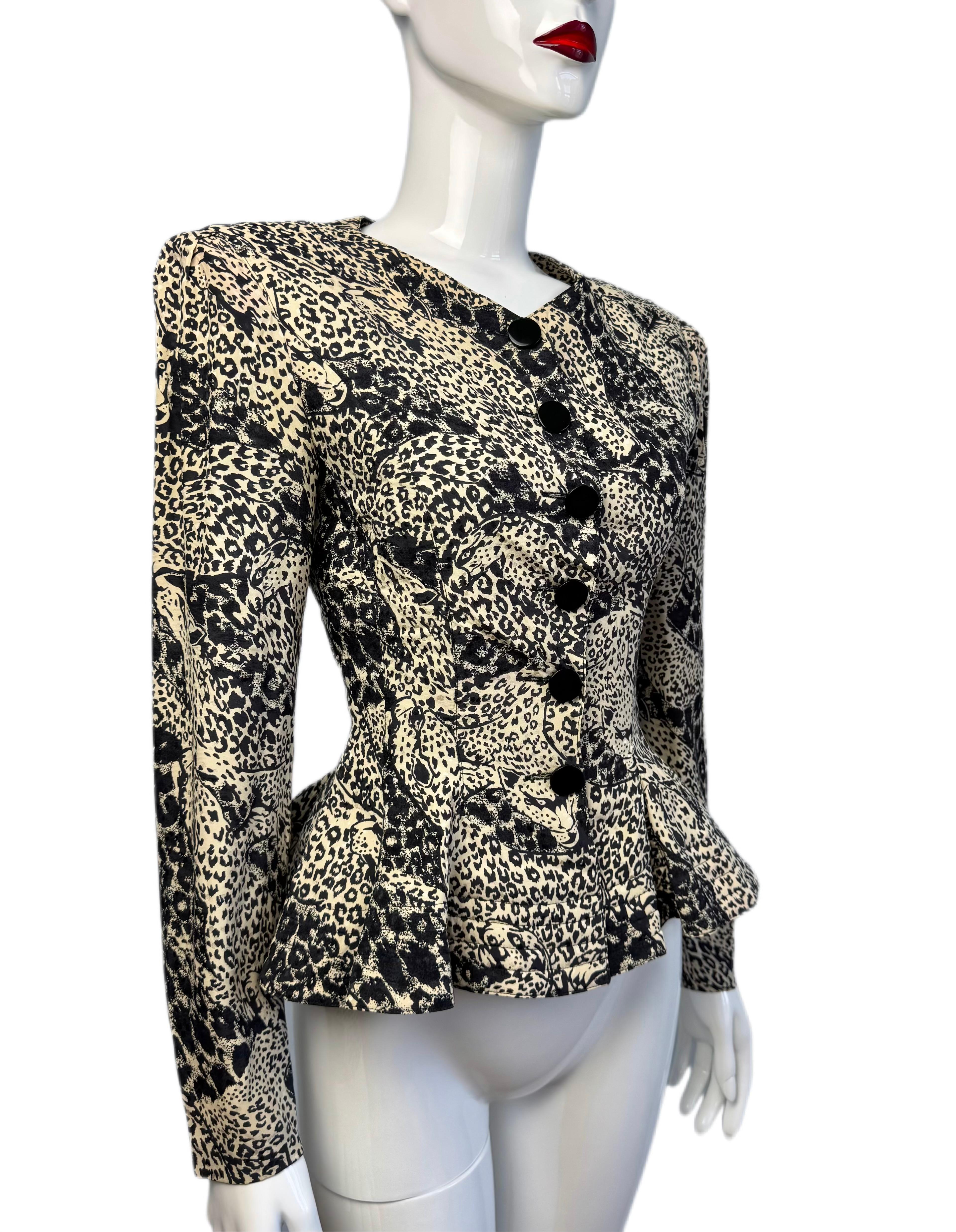 Louis Feraud Silk Leopard Print 1980s Blazer. Fitted waist and voluminous folds on the hips create beautiful hourglass silhouette. Button up closure on the front. 
Composition: 100% Silk.
Lining: 100% Viscose.
Made in Germany. 
Size 36