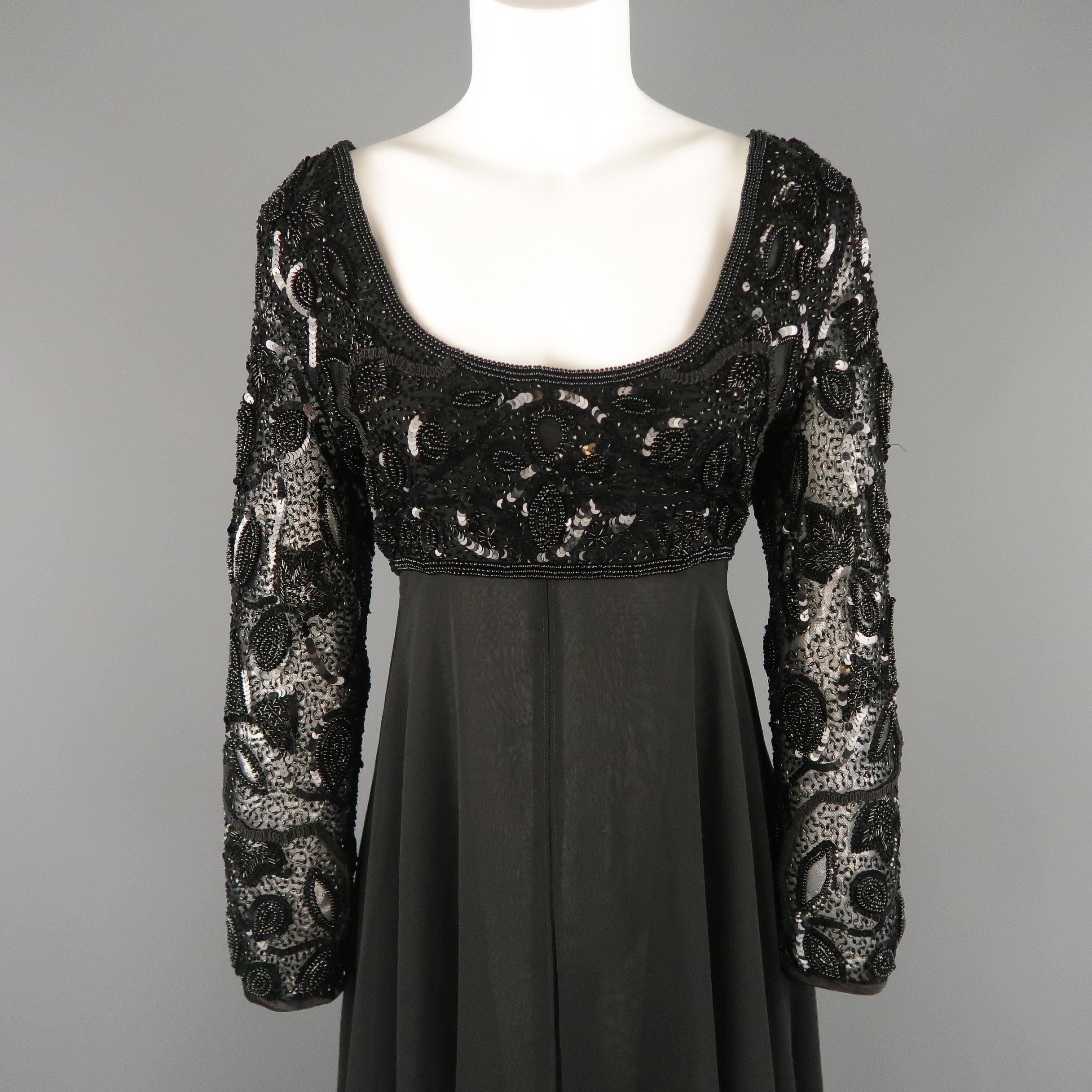 Vintage LOUIS FERAUD evening dress features a black sequin beaded scoop neck top with cropped long sleeves and layered chiffon empire waist, ruffled hem, A line maxi skirt. Made in Germany.
 
Very Good Pre-Owned Condition.
Marked: US 12
