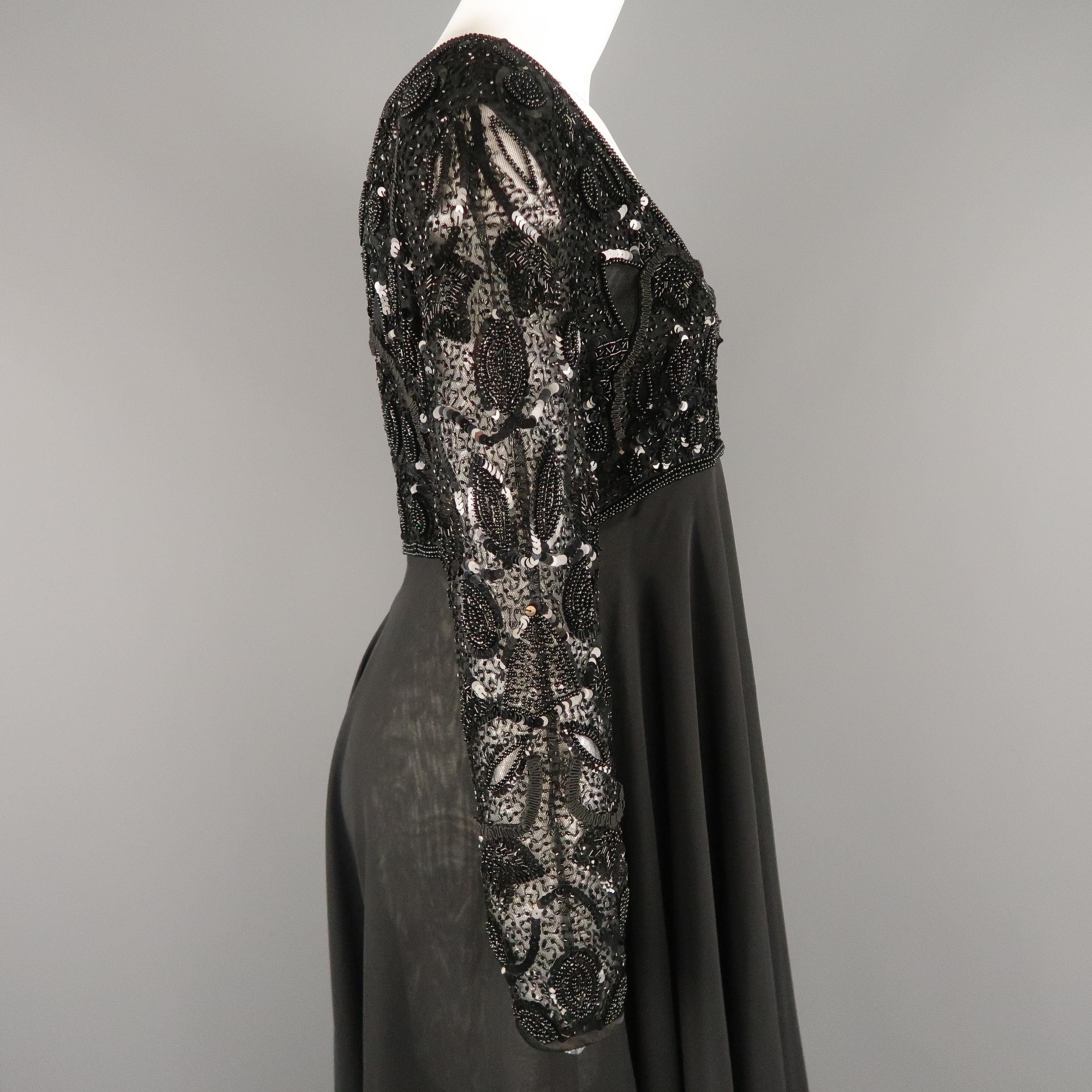 LOUIS FERAUD Size 12 Black Sequin Scoop Neck Empire Waist Chiffon Gown 1