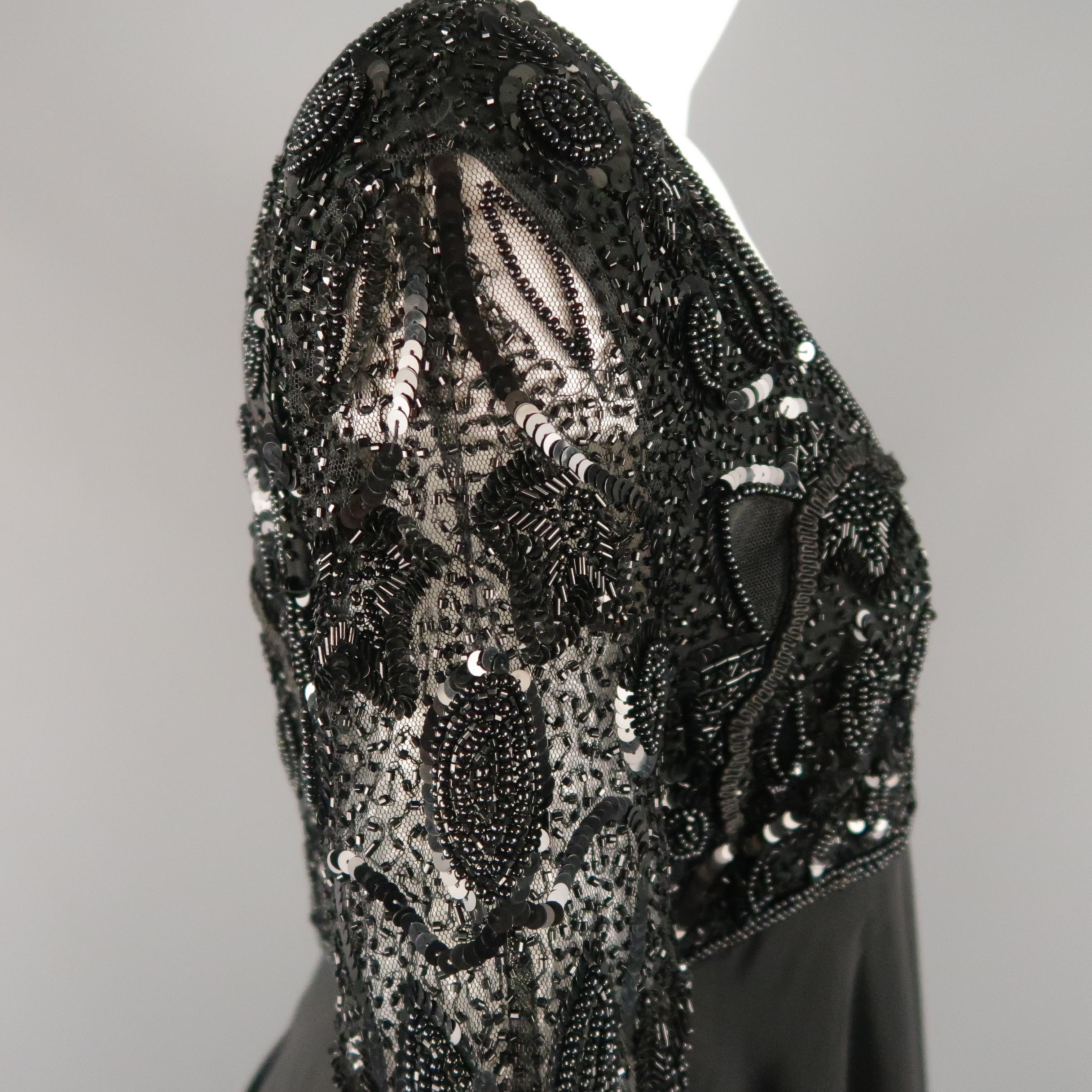 LOUIS FERAUD Size 12 Black Sequin Scoop Neck Empire Waist Chiffon Gown 2