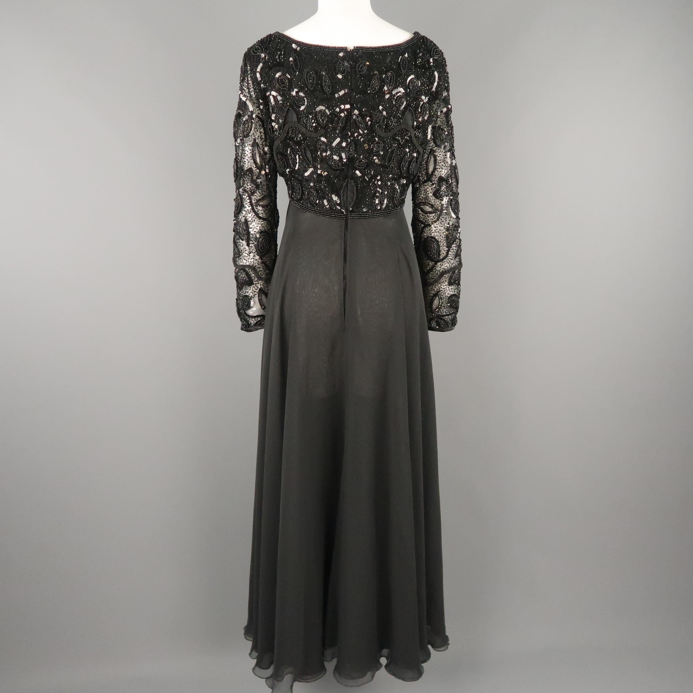 LOUIS FERAUD Size 12 Black Sequin Scoop Neck Empire Waist Chiffon Gown 3