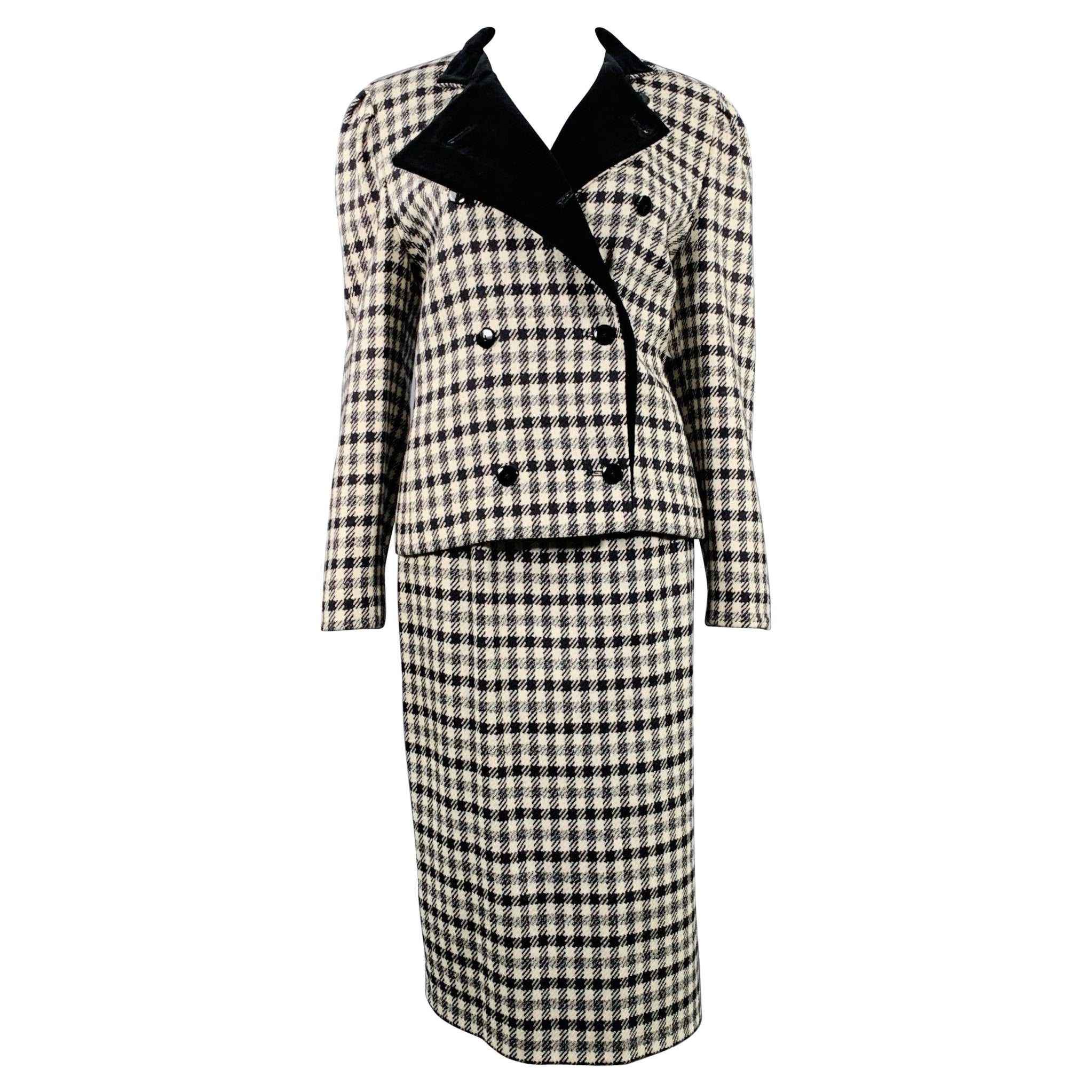 LOUIS FERAUD Talla 8 Negro Crema Lana Pata de Gallo Conjunto Falda Doble Pechera