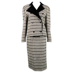 LOUIS FERAUD Talla 8 Negro Crema Lana Pata de Gallo Conjunto Falda Doble Pechera