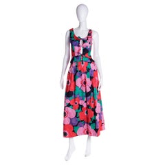 Louis Feraud Vintage 1870s Bright Floral 2pc Dress w Peek a Boo Top & Maxi Skirt