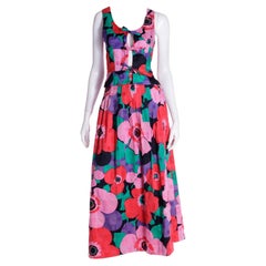 Louis Feraud Vintage 1870s Bright Floral 2pc Dress w Peek a Boo Top & Maxi Skirt