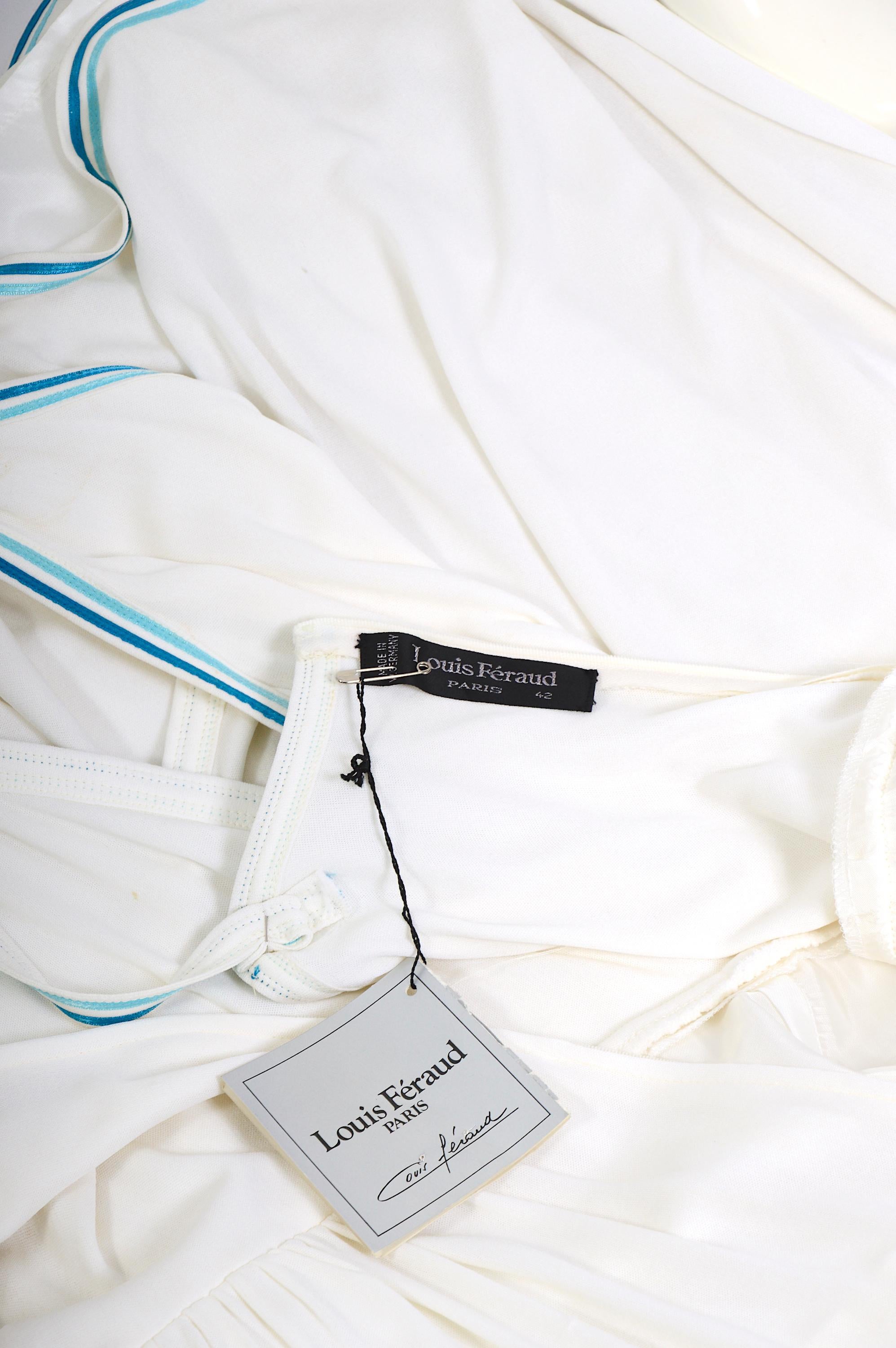 Louis Féraud vintage 1970s white jersey bleu ribbon trimmed maxi dress + belts For Sale 6