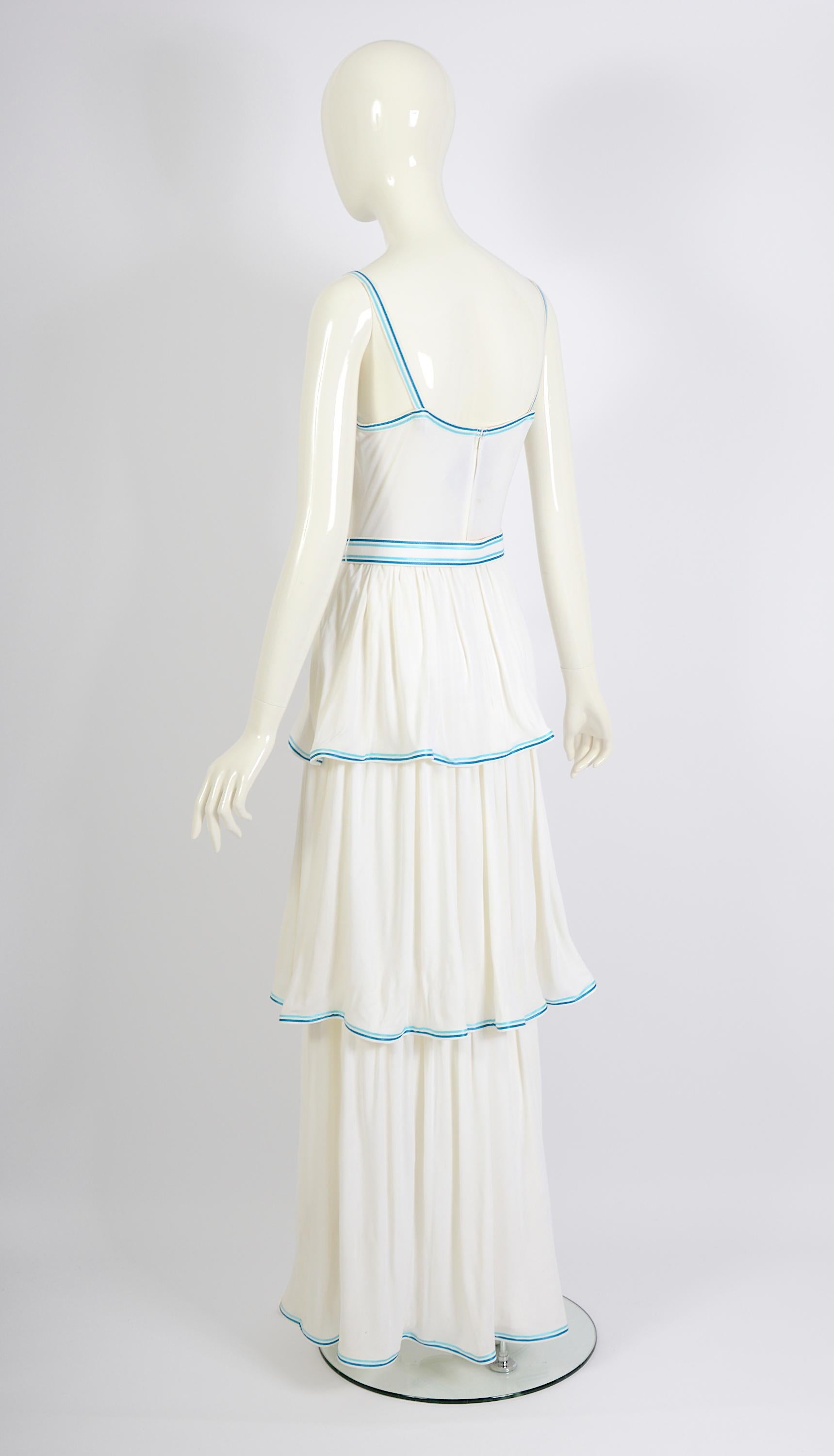 Louis Féraud vintage 1970s white jersey bleu ribbon trimmed maxi dress + belts For Sale 1